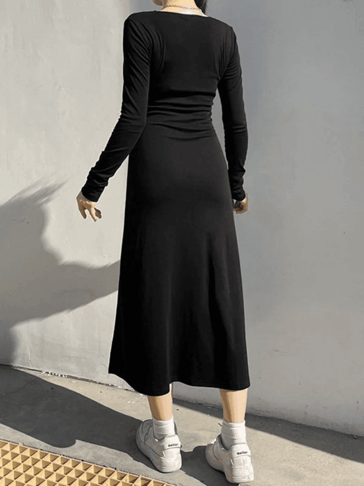Levoire | Fente Velours Manches Longues Noir Robe Maxi