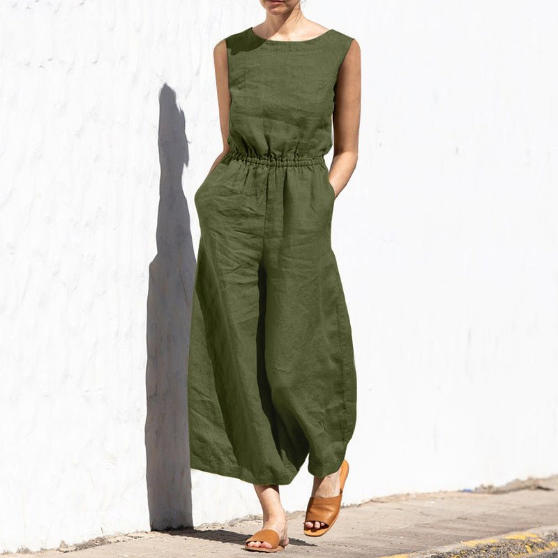 Levoire | Combinaison pantalon unie pour femmes avec taille haute, sans manches, mode, décontractée, jumpsuit ample Vert olive