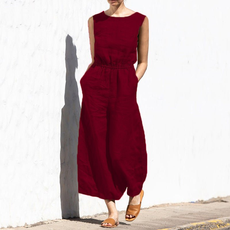 Levoire | Combinaison pantalon unie pour femmes avec taille haute, sans manches, mode, décontractée, jumpsuit ample Orange Rouge