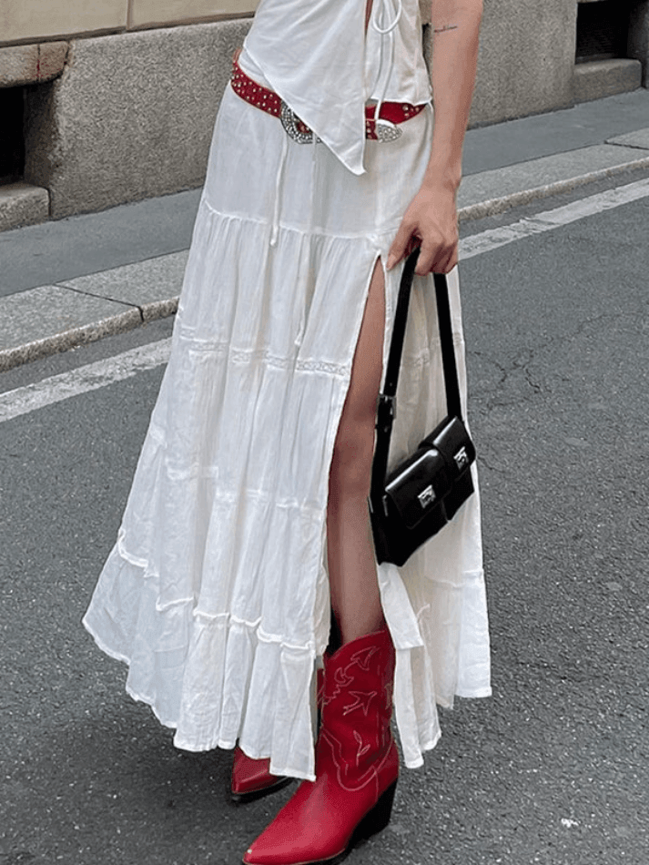 Levoire | Jupe Mi-Longue Ample Couleur Unie Avec Fente Blanc