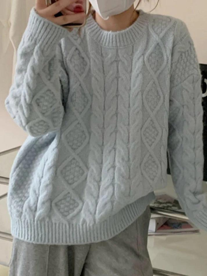 Levoire | Pull En Câble À Col Rond Uni Bleu UNE TAILLE