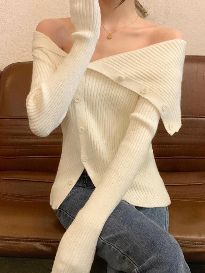 Levoire | Fête Asymétrique Col Revers Épaules Nues Manches Longues Tricot