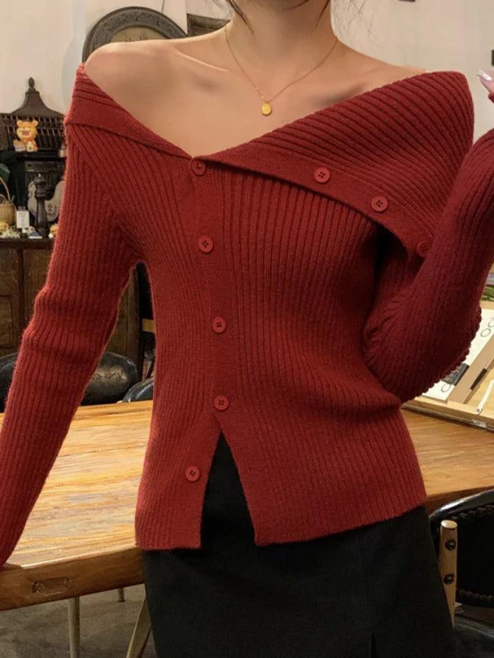 Levoire | Fête Asymétrique Col Revers Épaules Nues Manches Longues Tricot Rot UNE TAILLE