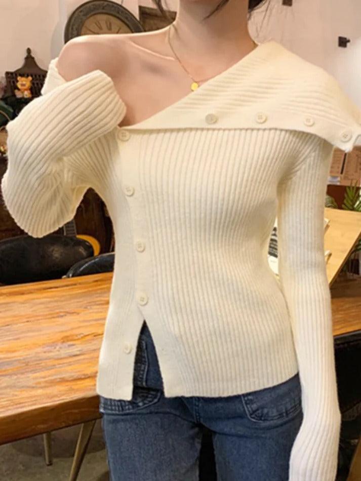 Levoire | Fête Asymétrique Col Revers Épaules Nues Manches Longues Tricot Beige UNE TAILLE