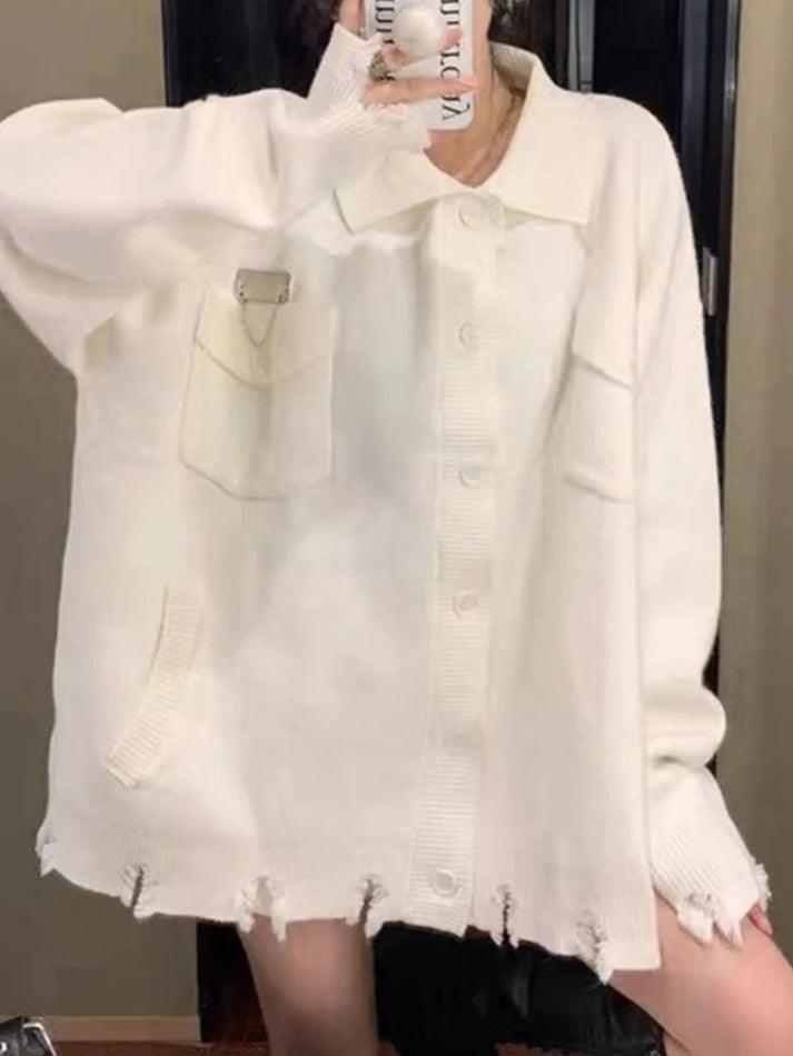 Levoire | Étiquette En Métal Solide Décor Bord Froncé Pull En Tricot Blanc UNE TAILLE