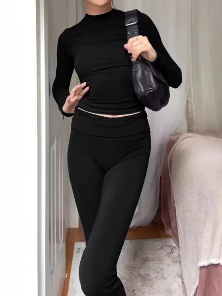 Levoire | T-Shirt Slim À Manches Longues Simple & Ensemble De Leggings Évasés