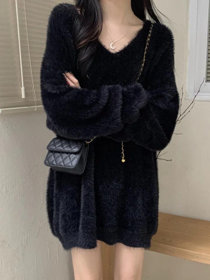 Levoire | Pull En Peluche À Encolure En V Unie Noir UNE TAILLE