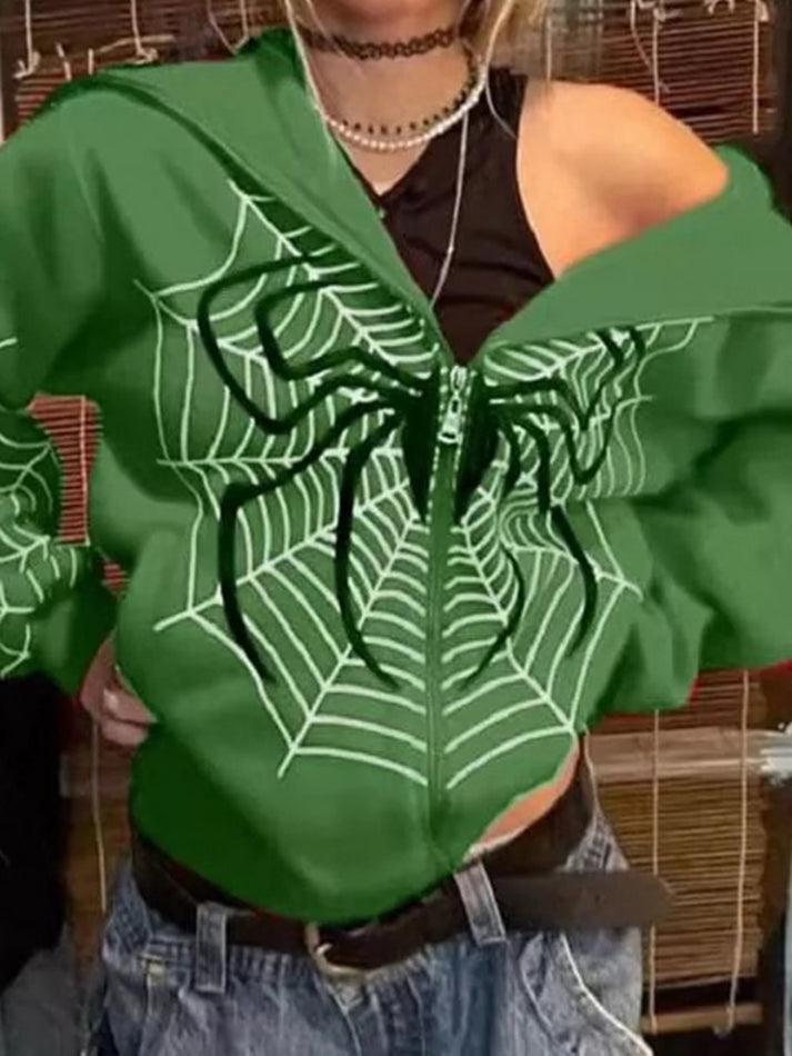 Levoire | Impression Araignée Zipup Sweat À Capuche Vert