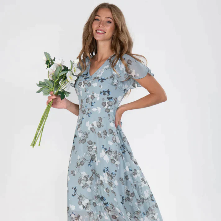 Levoire | Robe Fleurie Courte Avec Manches Courtes Bleu clair