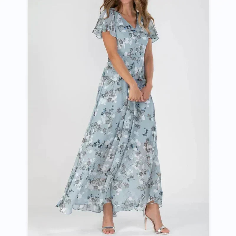 Levoire | Robe Maxi Fleurie À Manches Courtes Bleu marine