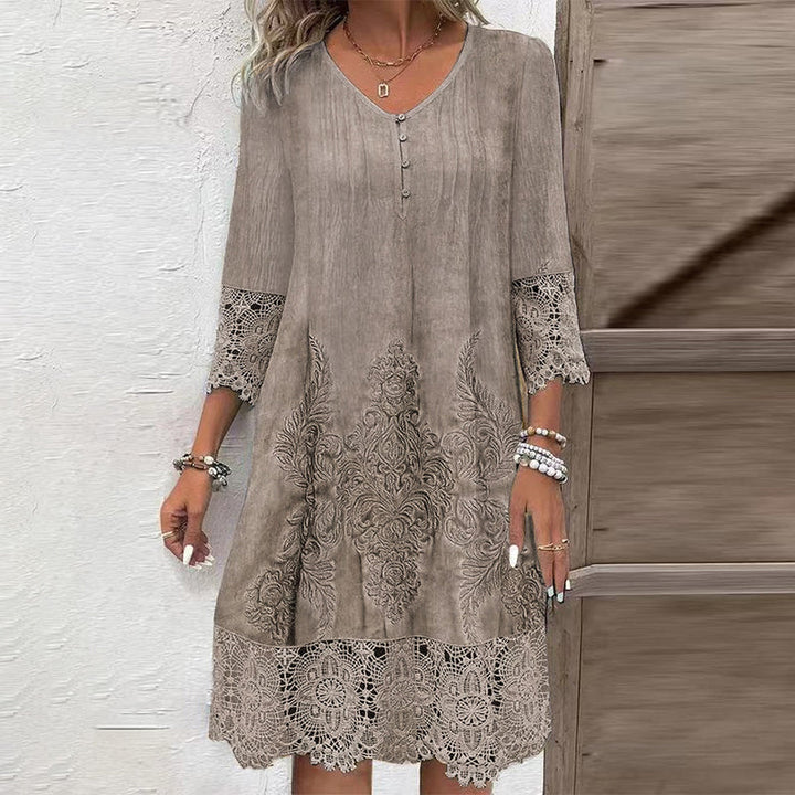 Levoire | Robe En Dentelle À Manches Mi-Longues Et Col V Pour Femmes Café