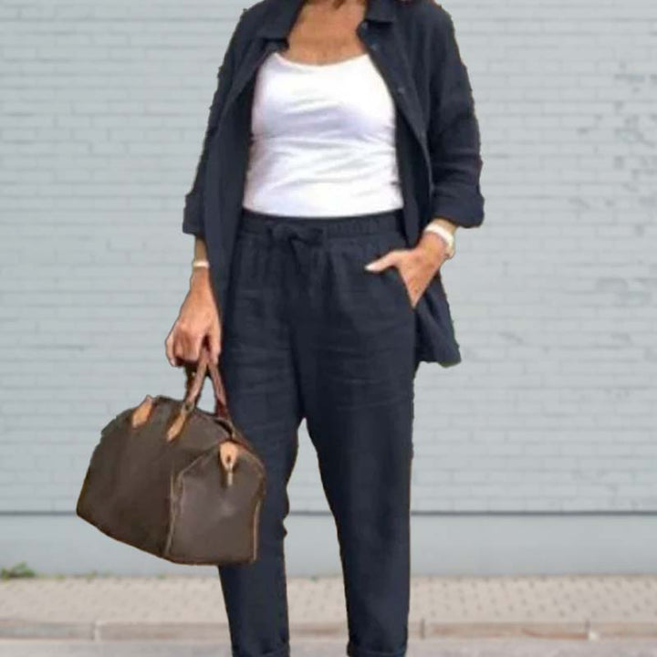 Levoire | Ensemble Chemisier Et Pantalon Pour Femmes En Coton Et Lin Bleu marine