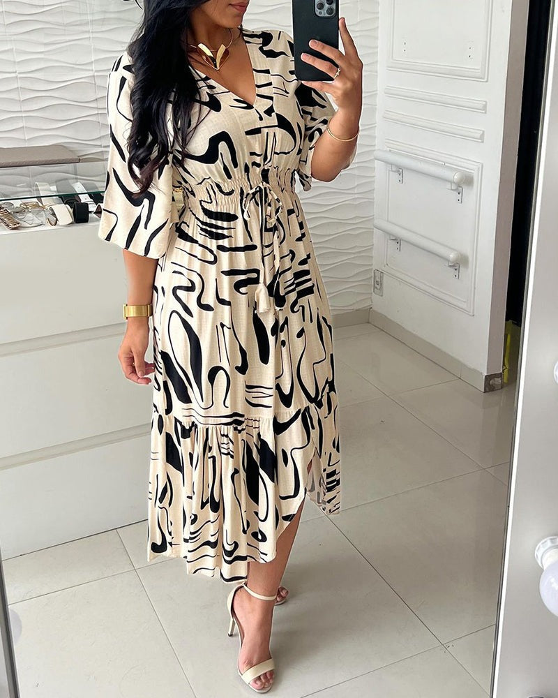 Levoire | Imprimé à l'encre Robe V-Décolleté Beige