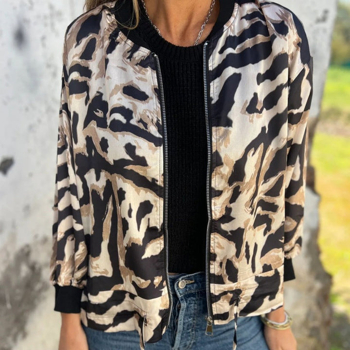 Levoire | Veste Bomber D'Automne Avec Imprimé Zèbre Et Fermeture Éclair Beige