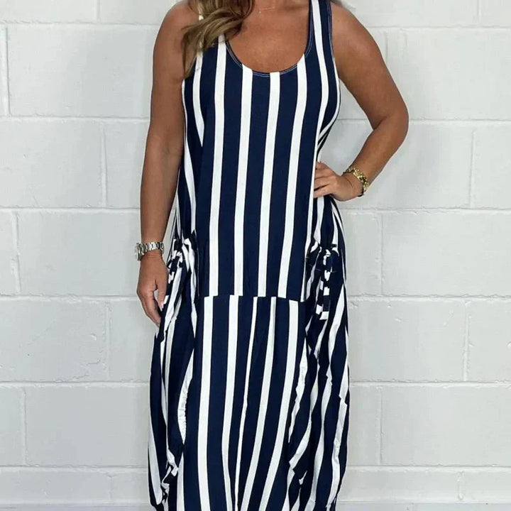 Levoire | Robe Rayée Avec Ceinture À Nœud Et Poche Avant Bleu foncé