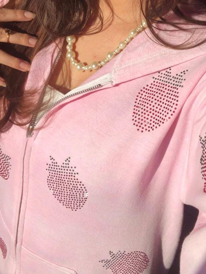 Levoire | Fraise Strass Impression Zip Up Grande Taille Sweat À Capuche Rosa