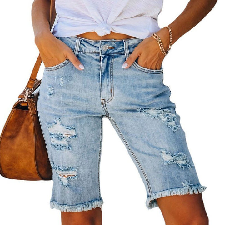 Levoire | Street Fransen hautement élastiques pantalons crayon taille moyenne coupe pantalons jeans déchirés Bleu clair
