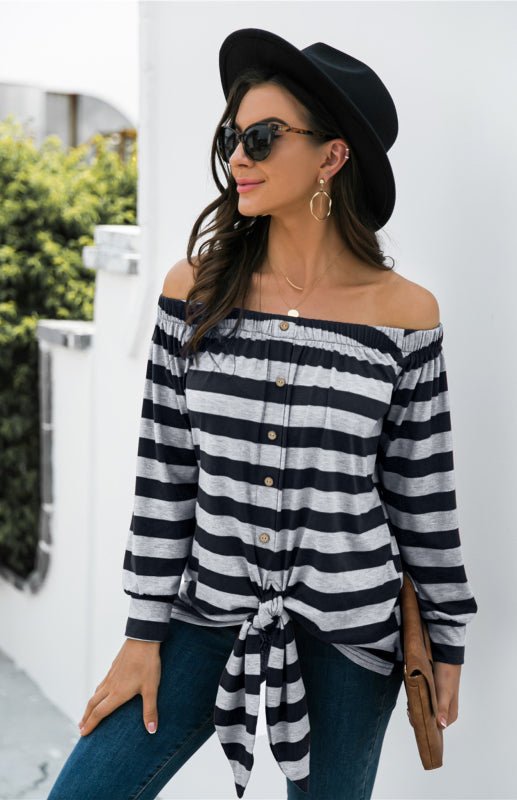 Levoire | Blouse rayée avec décoration de bouton unilatérale et lien Noir