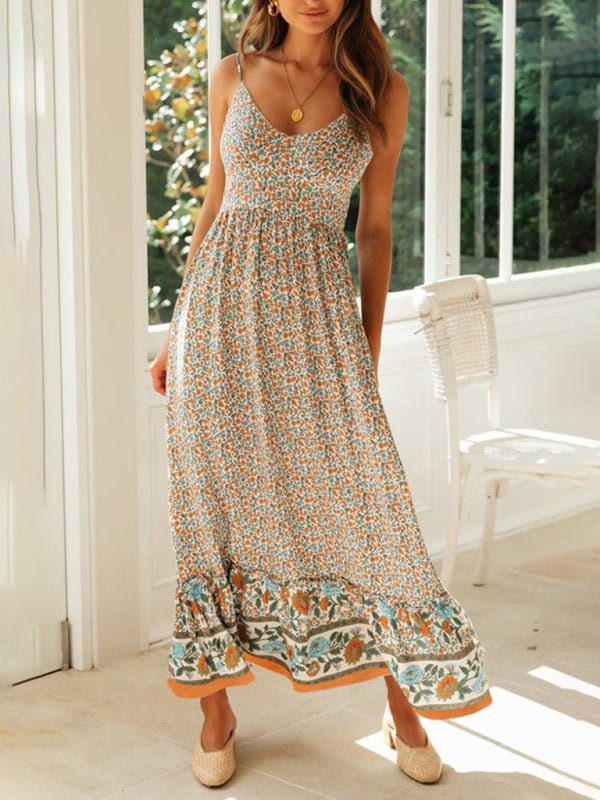 Levoire | Robe boho à fleurs à bretelles avec décolleté en V grande jupe évasée d'été Jaune