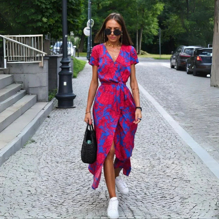 Levoire | Robe Élégante À Décolleté En V Rouge et bleu