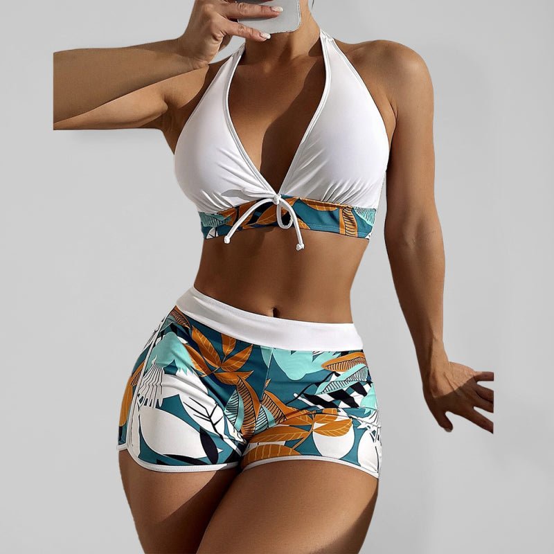 Levoire | Maillot de bain Femme Fente Taille haute Liens de boxe Imprimé Uni Coutures Bikini Blanc
