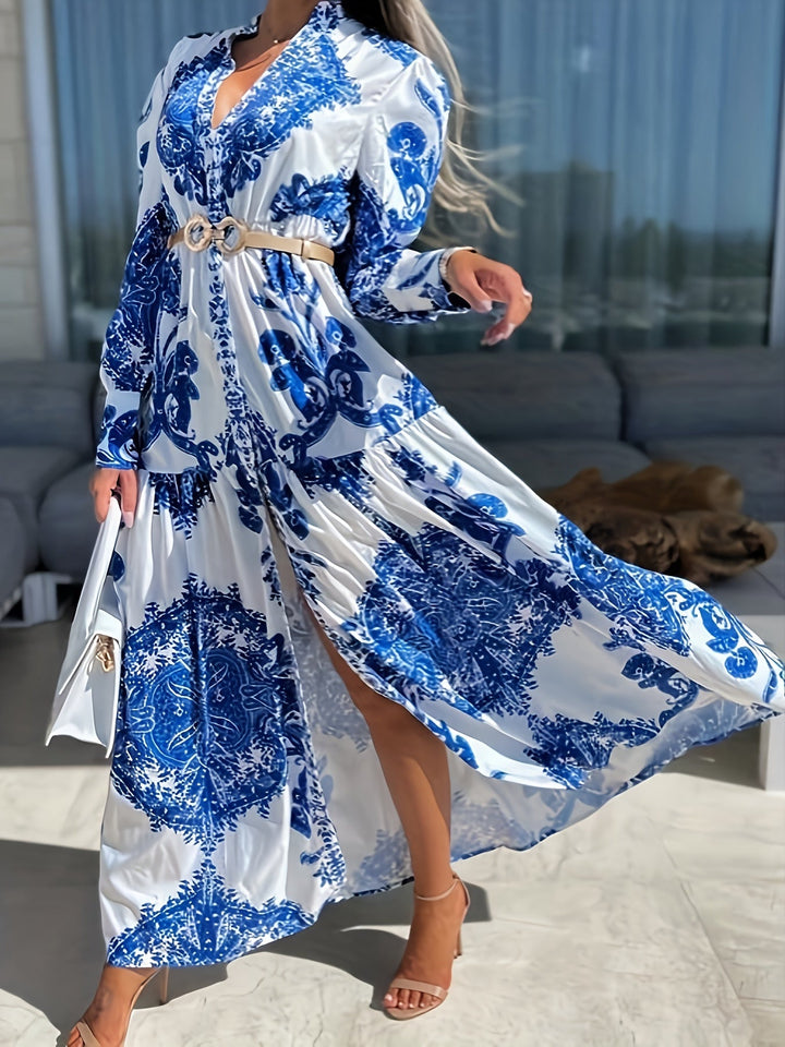 Levoire | Robe Maxi Boho Avec Impression Élégante Et Décolleté En V Bleu