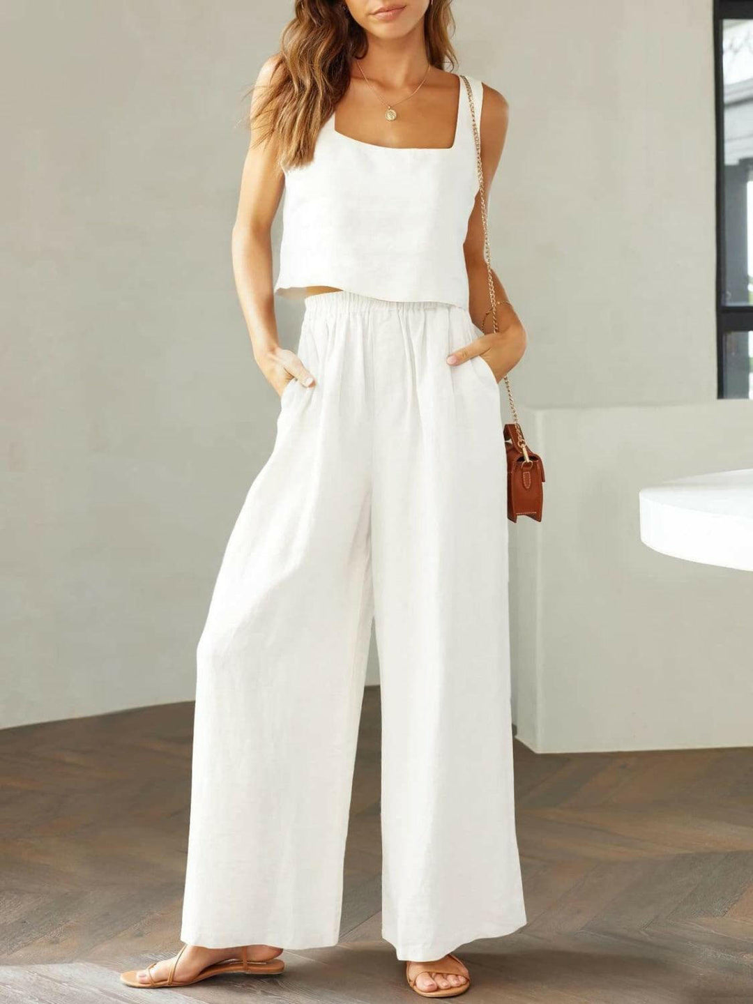 Levoire | Top À Encolure Carrée Tendance Et Ensemble De Pantalons Larges Blanc