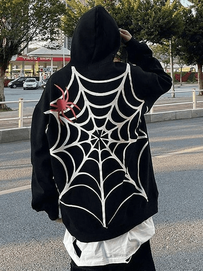 Levoire | Unisexe Coupe Lâche Sweat À Capuche Graphique Toile D'Araignée Noir