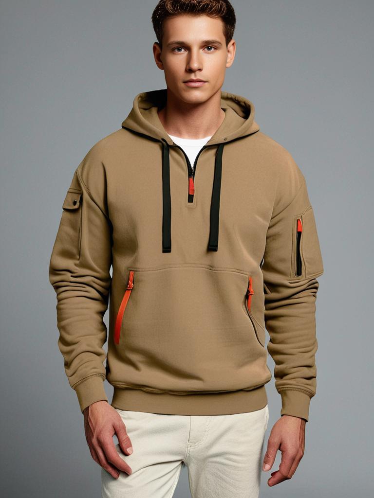 Levoire | Sweat À Capuche Pour Hommes Avec Poches Zippées Khaki