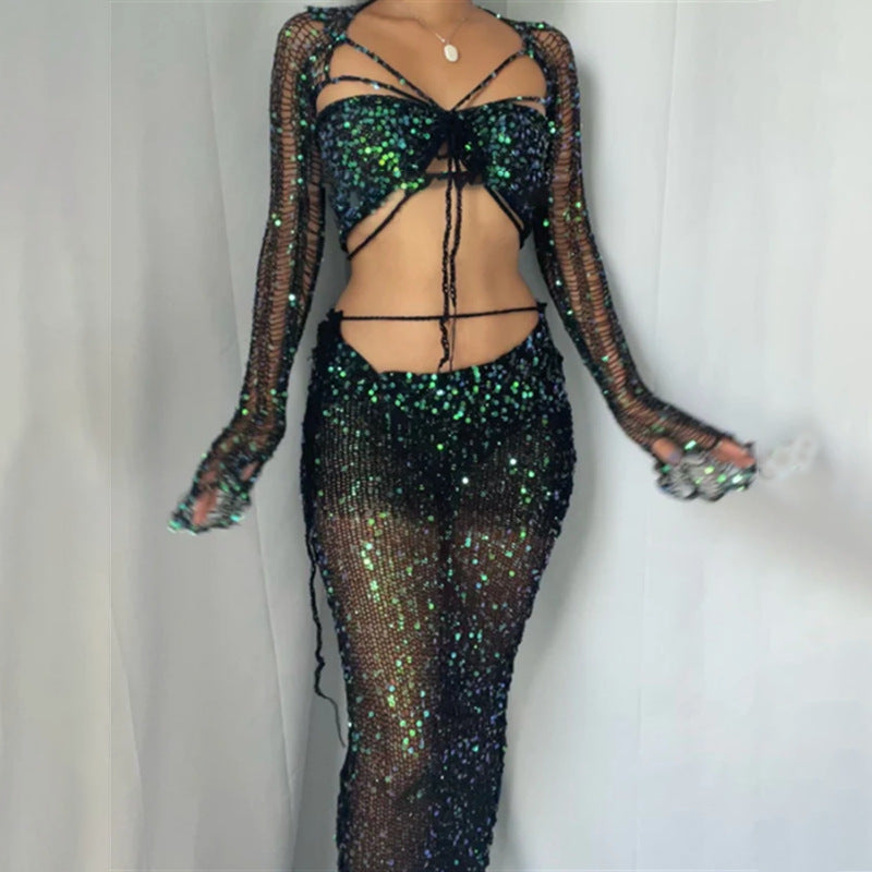Levoire | Deux Pièces, Jupe Ajustée Avec Des Sequins Et Pull En Tricot Noir