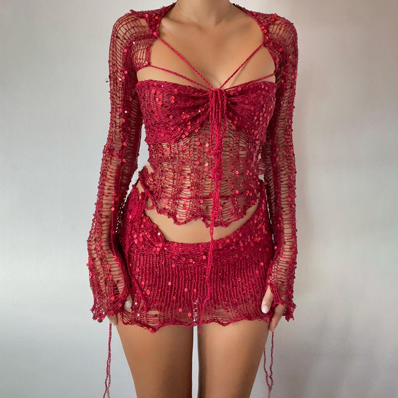 Levoire | Deux Pièces, Jupe Ajustée Avec Des Sequins Et Pull En Tricot Rot