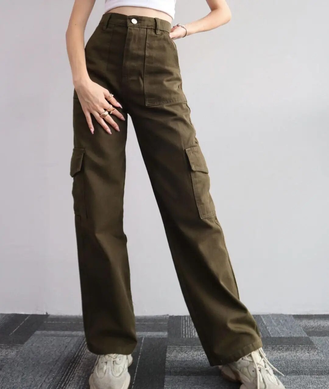 Levoire | Taille Haute Pantalons Cargo Vert olive