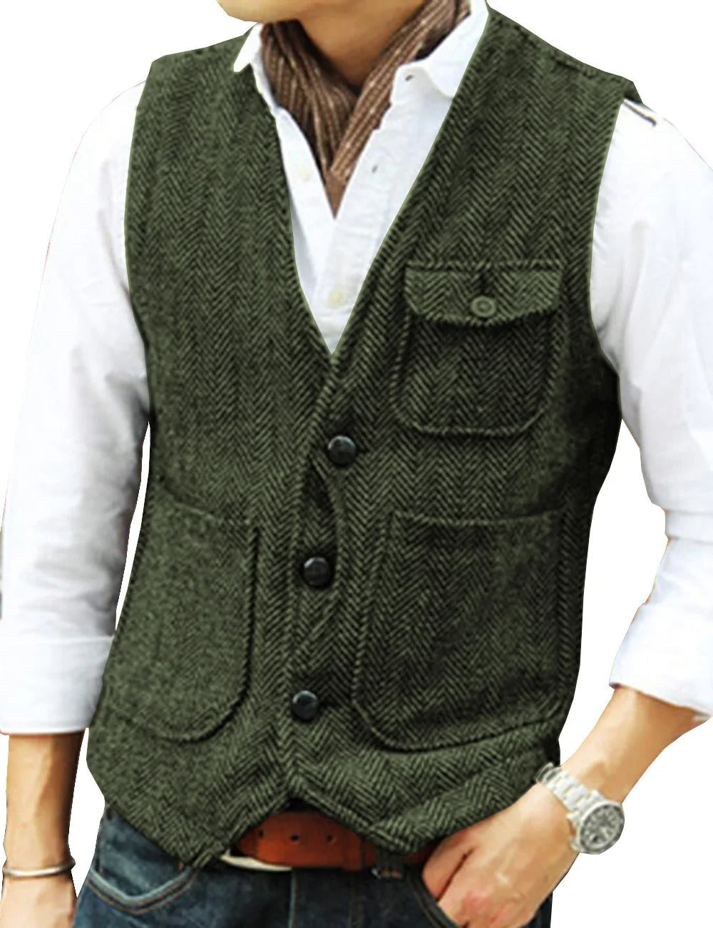 Levoire | Gilet Sans Manches Élégant En Tweed Pour Homme Vert olive