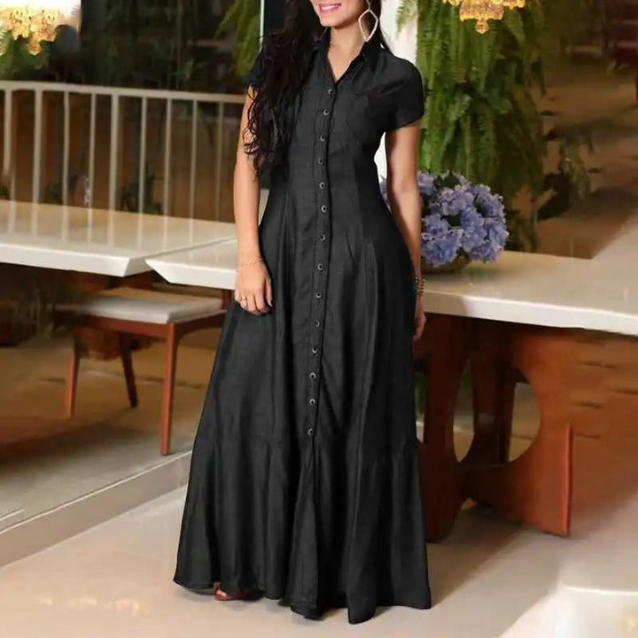 Levoire | Robe Maxi En Look Denim Élégante Avec Boutons Et Col Revers Pour Femmes Noir