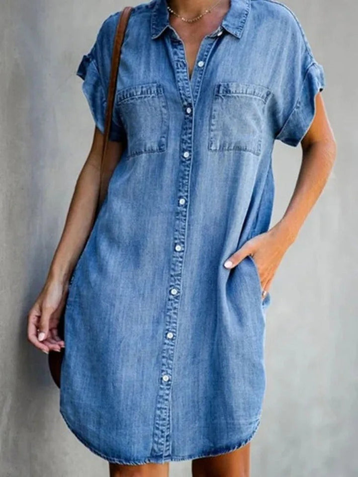 Levoire | Robe Mi En Denim/Jeans Élégante, Robe En Jeans Pour Femmes Avec Fermeture À Boutons Et Col Bleu