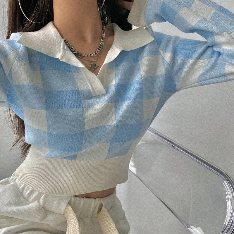 Levoire | Élégant, Tendance, Pull Polo À Carreaux Pour Femmes Avec Décolleté En V Bleu Taille unique