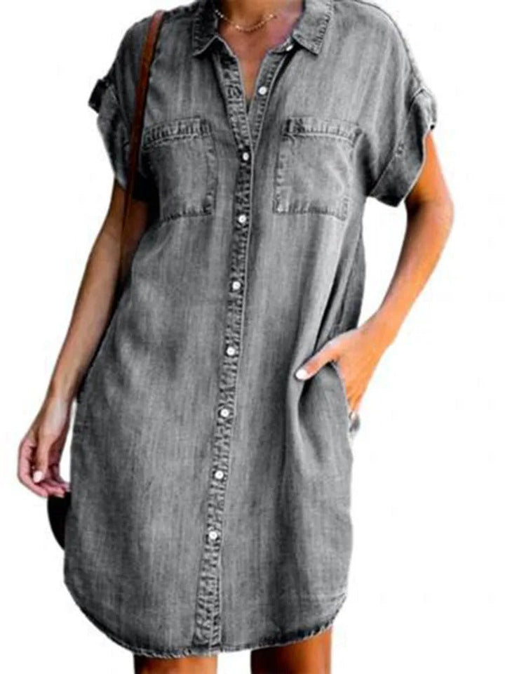 Levoire | Robe Mi En Denim/Jeans Élégante, Robe En Jeans Pour Femmes Avec Fermeture À Boutons Et Col Gris