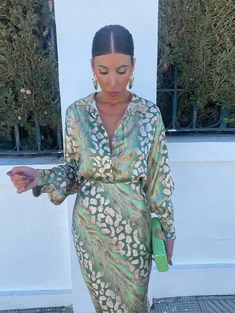 Levoire | Robe Midi Imprimée Satinée À Manches Longues Pour Femmes Vert