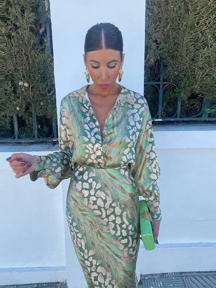 Levoire | Robe Midi Imprimée Satinée À Manches Longues Pour Femmes Vert