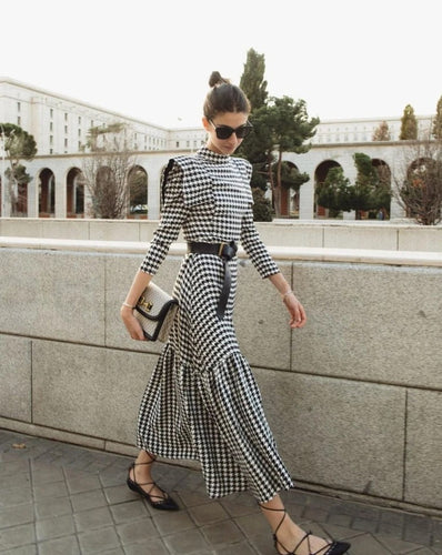 Levoire | Robe Maxi De Vendange Stylée Avec Motif À Carreaux Et Manches Longues
