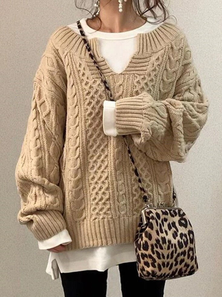 Levoire | Pull À Torsades Surdimensionné Confortable Et Chaud En Matériau Doux Khaki