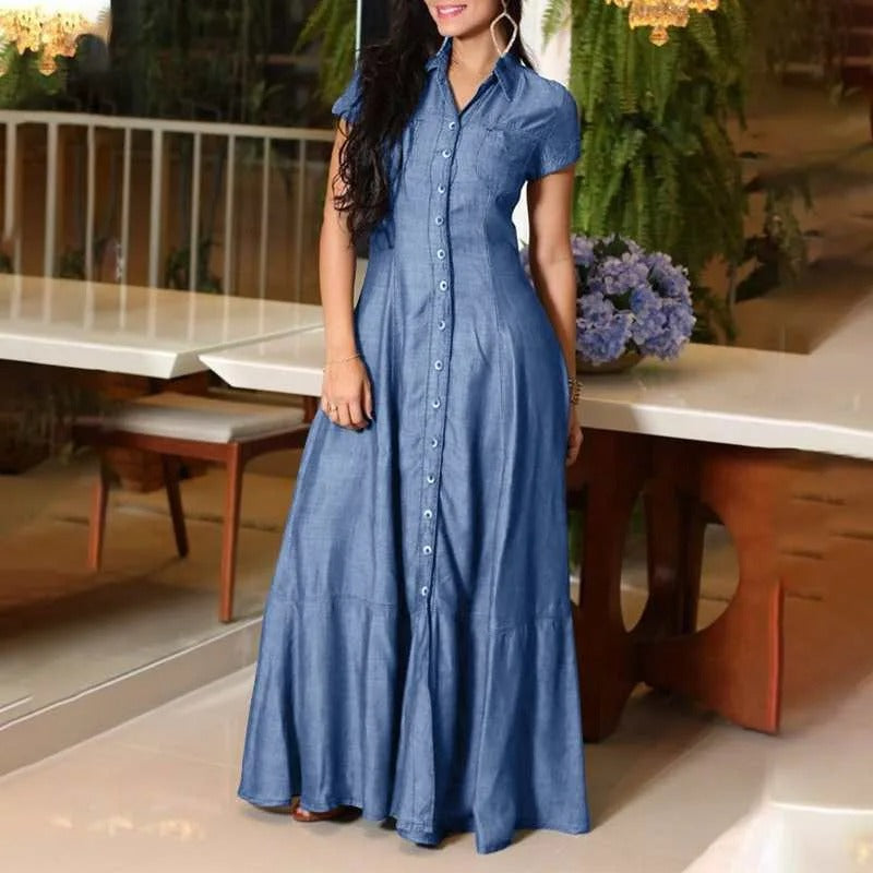 Levoire | Robe Maxi En Look Denim Élégante Avec Boutons Et Col Revers Pour Femmes Hellturquoise
