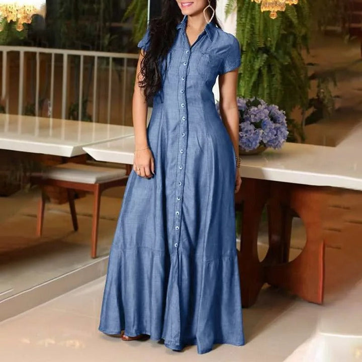 Levoire | Robe Maxi En Look Denim Élégante Avec Boutons Et Col Revers Pour Femmes Hellturquoise