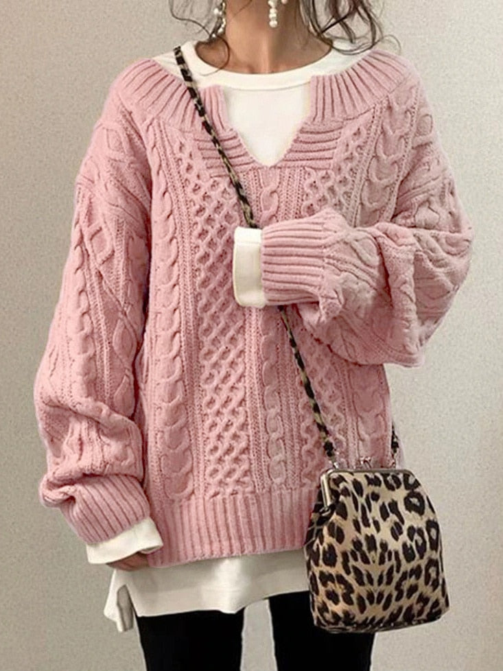 Levoire | Pull À Torsades Surdimensionné Confortable Et Chaud En Matériau Doux Rosa