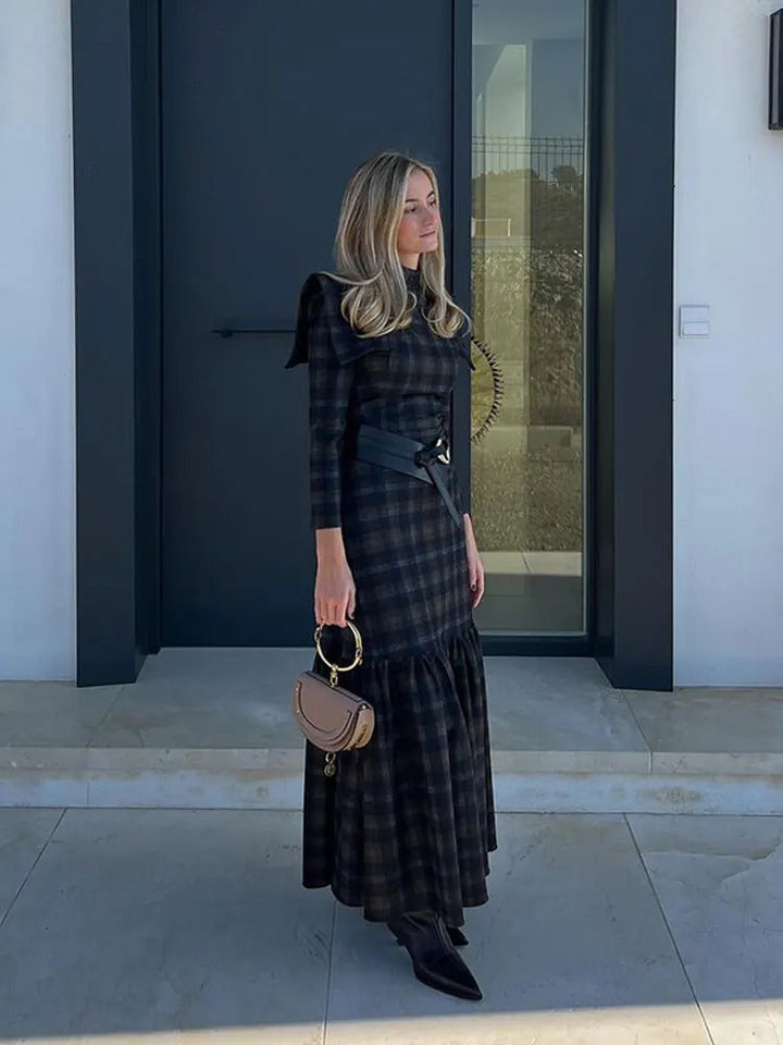 Levoire | Robe Maxi De Vendange Stylée Avec Motif À Carreaux Et Manches Longues Brun Noir