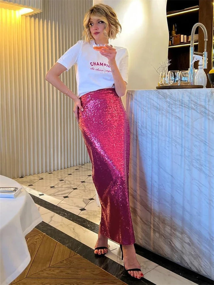 Levoire | Jupe Tailleur Haute Tendance Longue Avec Paillettes Et Sequins Pour Femmes Rosa