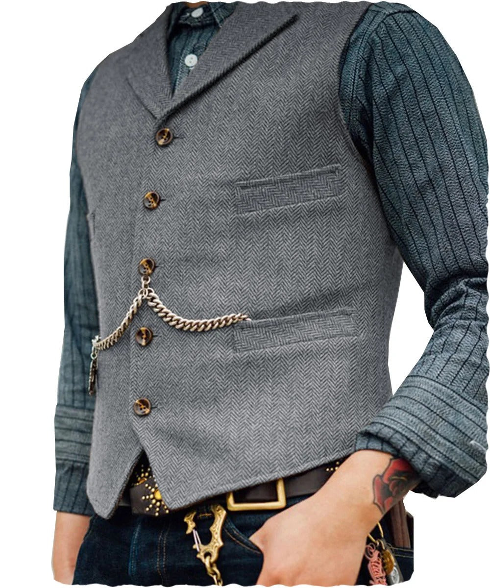 Levoire | Style Western Élégant Gilet Sans Manches En Tweed Pour Hommes Avec Design De Chaînes Gris