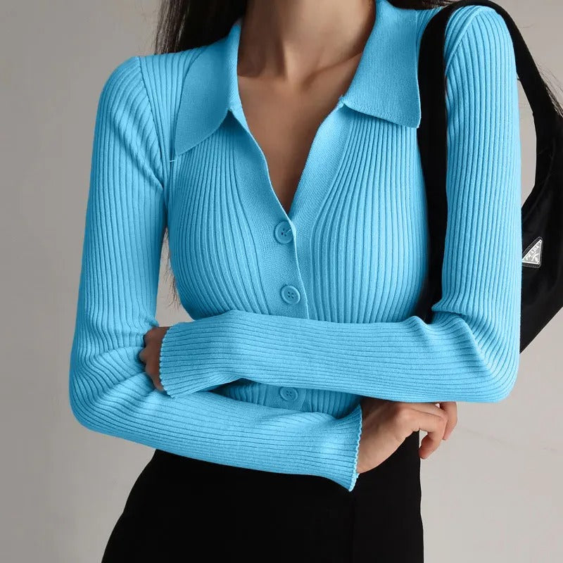Levoire | Pull Polo Élargi En Tricot Élégant Pour Femmes Bleu ciel Taille unique