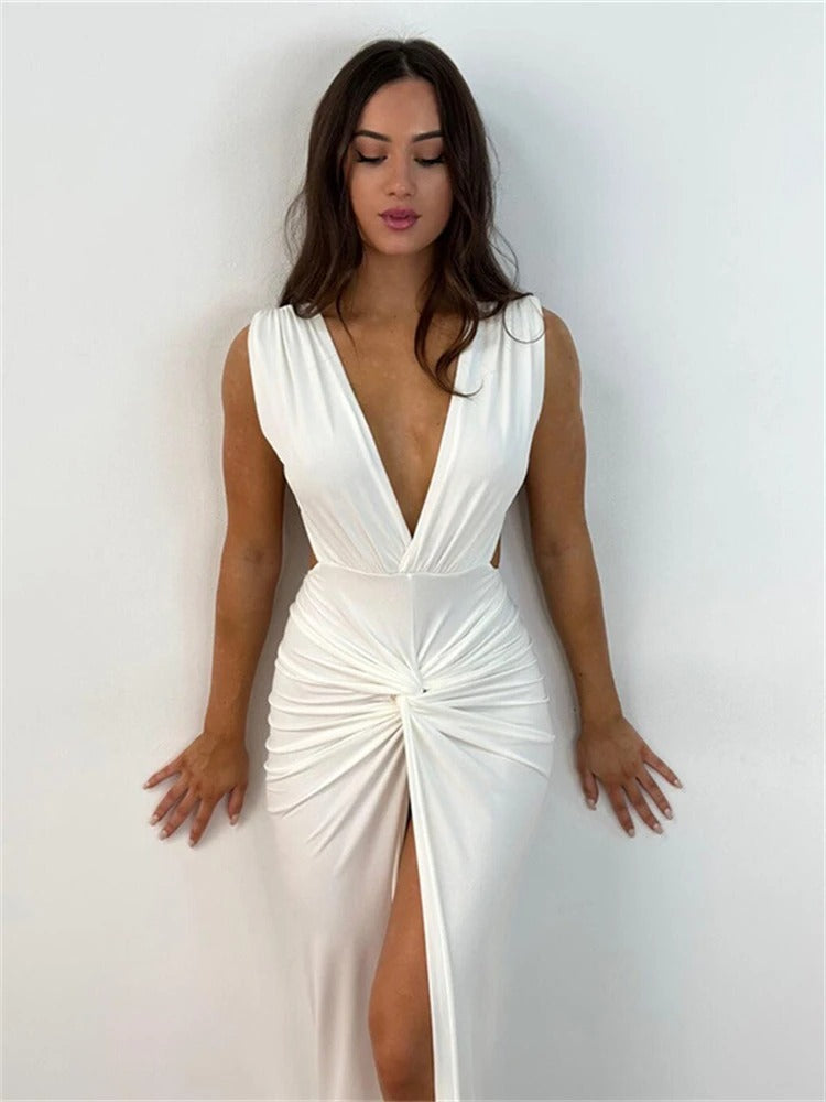Levoire | Élégant Robe De Soirée Sans Manches À Encolure En V Pour Femmes Blanc
