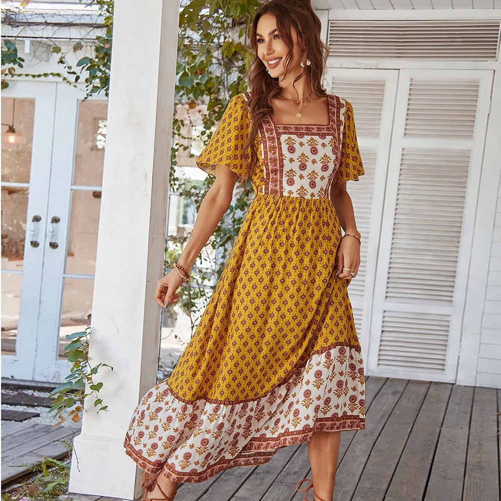 Levoire | Robe Bohème Vintage Florale Longue Élégante Avec Décolleté Carré Jaune